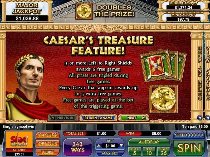 Caesar's Treasure NuWorks Slot Game released in March 2016 - Free Spins
