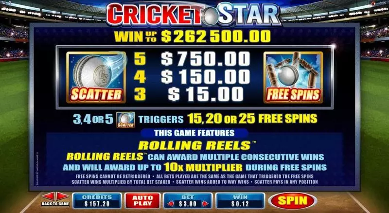 Cricket Star Microgaming Slot Game released in February 2015 - Free Spins