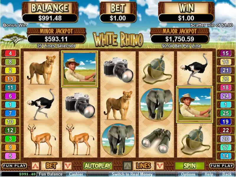 White Rhino RTG Slot Game released in June 2011 - Free Spins